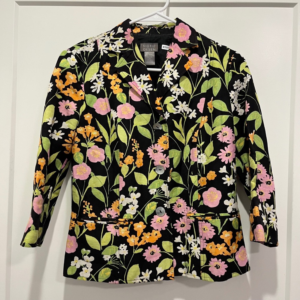 Sigrid Olsen Petite Floral Blazer Black Pink Orange Linen Blend Jacket 2P